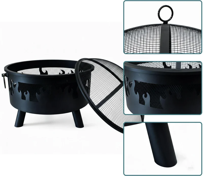 Brasero de jardin avec pare-étincelles 62 x 66 cm ambiance cosy motif flammes style moderne en acier noir 13_0018899