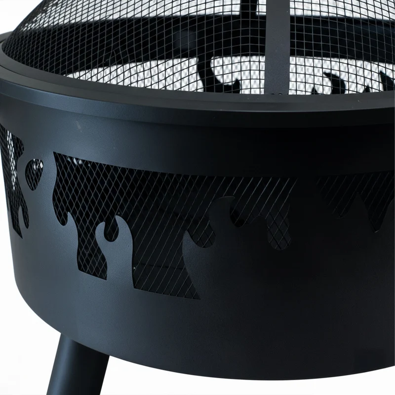 Brasero de jardin avec pare-étincelles 62 x 66 cm ambiance cosy motif flammes style moderne en acier noir 13_0018899
