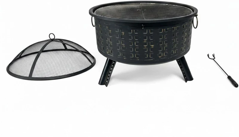 Brasero polyvalent extérieur avec grille barbecue 62 x 66 cm pare-étincelles décoratif en acier noir 13_0018897