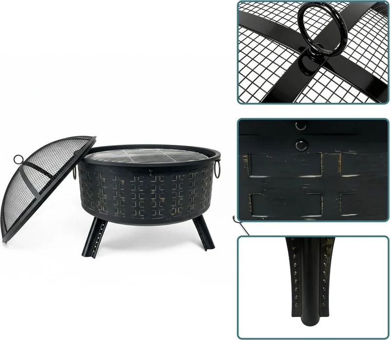 Brasero polyvalent extérieur avec grille barbecue 62 x 66 cm pare-étincelles décoratif en acier noir 13_0018897