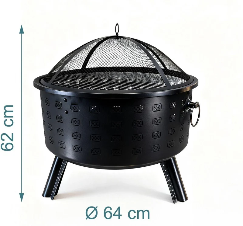 Brasero de jardin avec grille barbecue 62 x 66 cm pour soirées conviviales design en acier noir 13_0018895