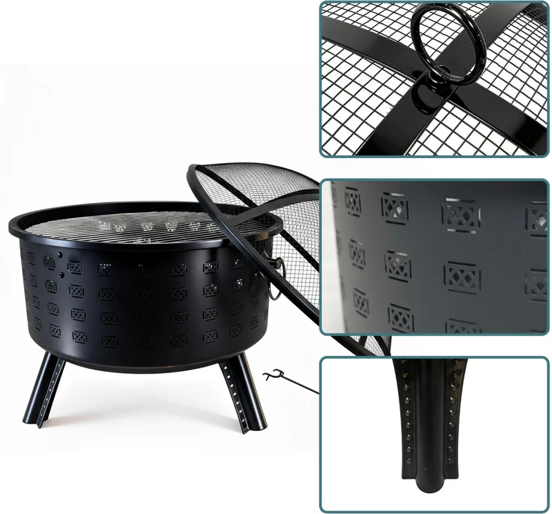 Brasero de jardin avec grille barbecue 62 x 66 cm pour soirées conviviales design en acier noir 13_0018895