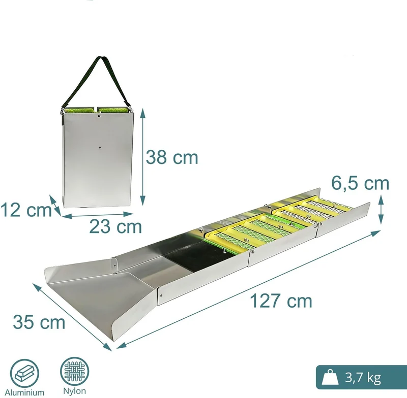 Bac pliant rigole de lavage pour orpaillage 6,5 x 35 x 127 cm léger et transportable en aluminium argenté 13_0018893