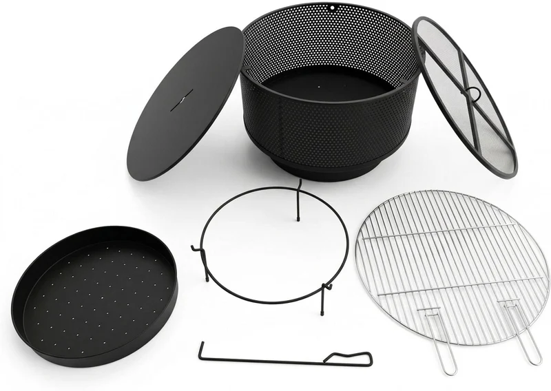 Brasero multifonction avec gril jardin 38 x 61 cm sécurité pare-étincelles design moderne en acier noir 13_0018888