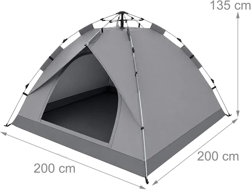 Tente de camping familiale 3-4 personnes montage rapide 135 x 200 x 200 cm avec moustiquaire protection UV en polyester gris 13_0018986