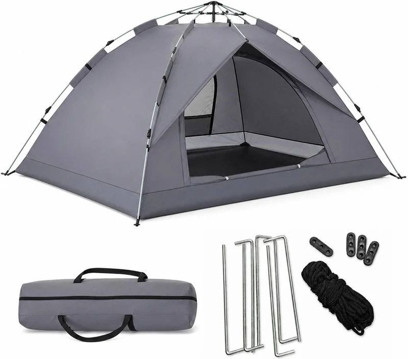 Tente de camping familiale 3-4 personnes montage rapide 135 x 200 x 200 cm avec moustiquaire protection UV en polyester gris 13_0018986