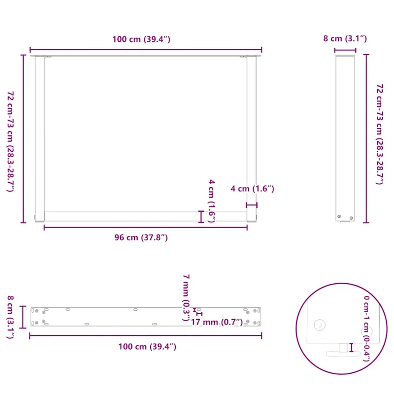 Lot de 2 pieds de table à manger en U réglables pour table et bureau 100 x 72-73 cm en acier anthracite 02_0057438