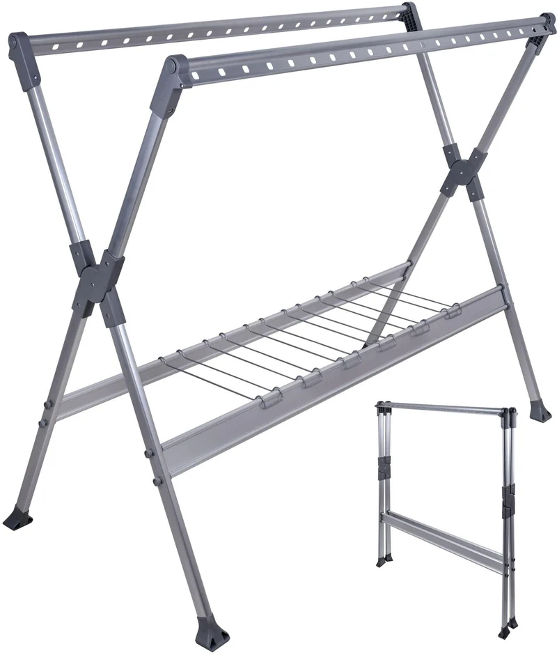 Séchoir à linge télescopique sur pied extensible 126,5 x 150-250 x 76 cm charge max 40 kg en aluminium argent 13_0018997