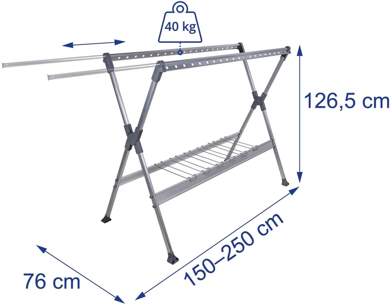 Séchoir à linge télescopique sur pied extensible 126,5 x 150-250 x 76 cm charge max 40 kg en aluminium argent 13_0018997