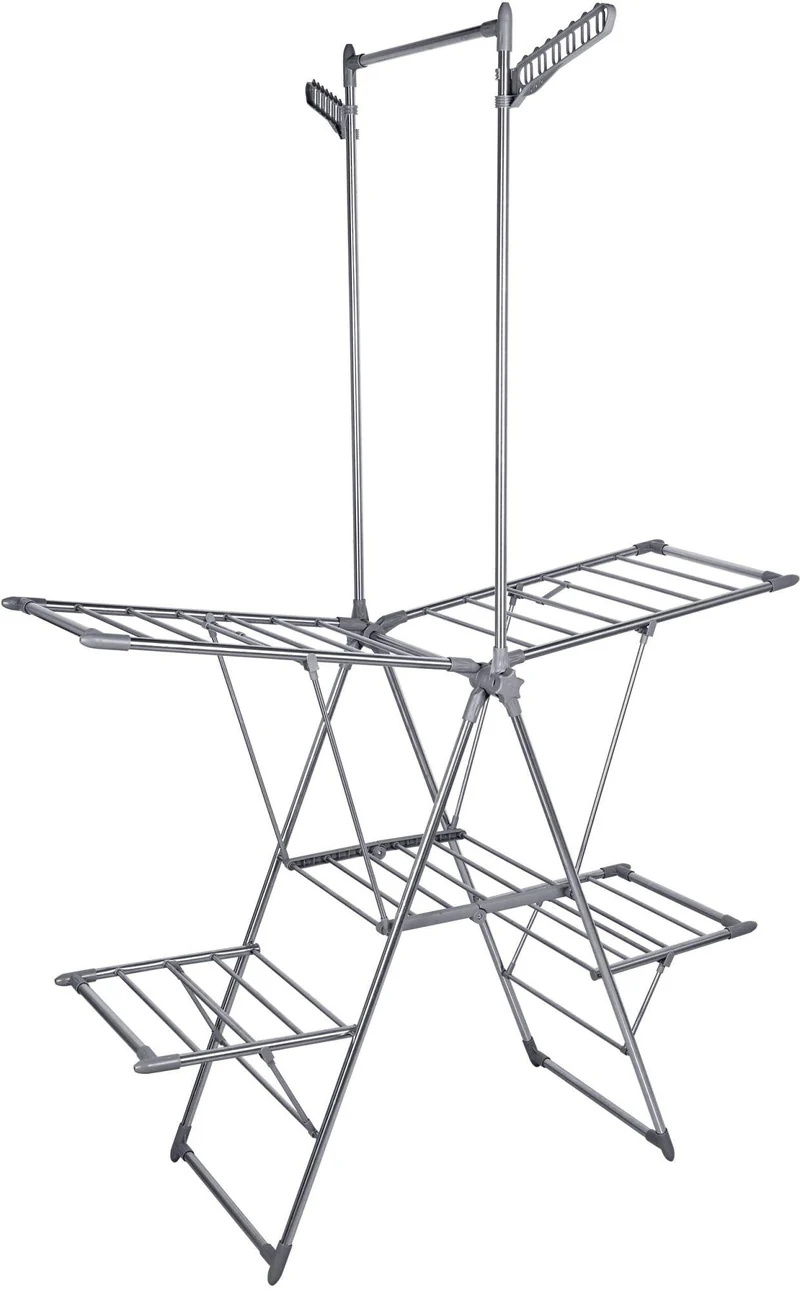 Séchoir à linge pliable sur pied 201 x 136,5 x 56,5 cm capacité 20 kg tringle à vêtements design moderne en acier inoxydable argenté 13_0018996