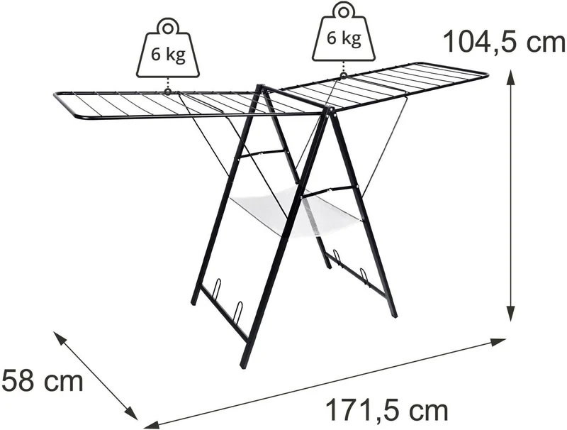 Étendoir à linge pliant avec ailes réglables 104,5 x 171 x 58 cm capacité 12 kg pratique design en acier noir 13_0018995