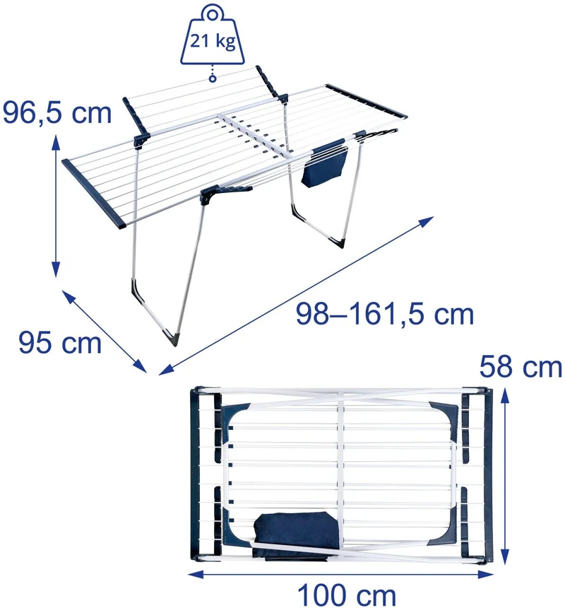 Séchoir à linge extensible pliable 96,5 x 161,5 x 95 cm surface de séchage 22,5 m² stable en acier blanc 13_0018993