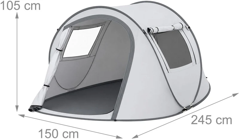 Tente pop-up tunnel 2–3 personnes jardin 105 x 245 x 150 cm fonction pratique protection UV en polyester gris 13_0018992
