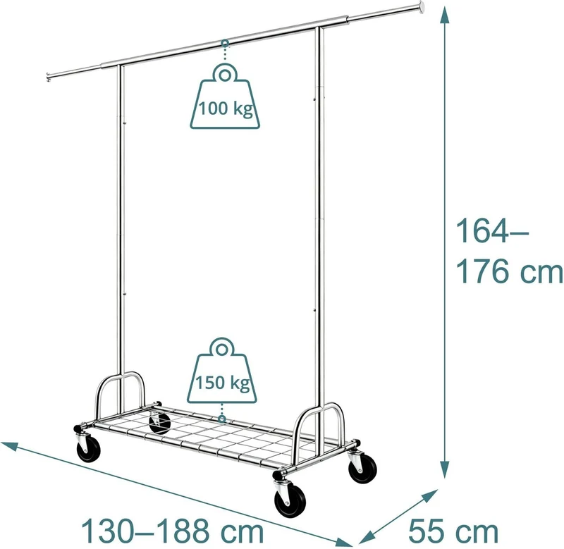 Porte-vêtements à roulettes robuste 130–188 x 55 cm avec étagère intégrée et capacité 180 kg en acier argent 13_0018980