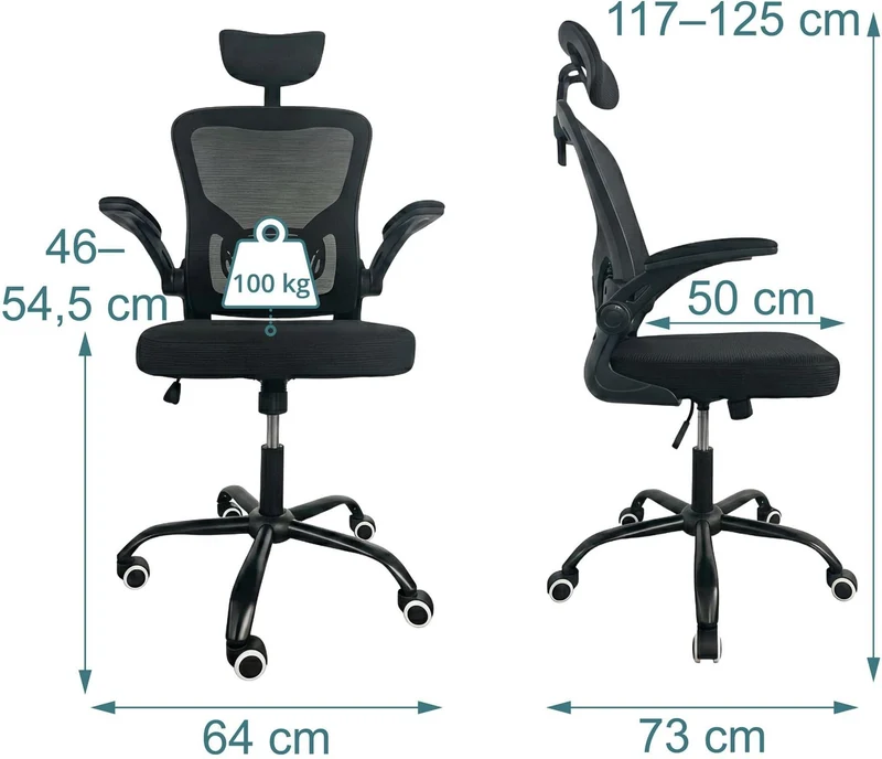 Fauteuil de bureau ergonomique réglable pivotant soutien lombaire 117 x 64 x 73 cm en plastique noir 13_0018979