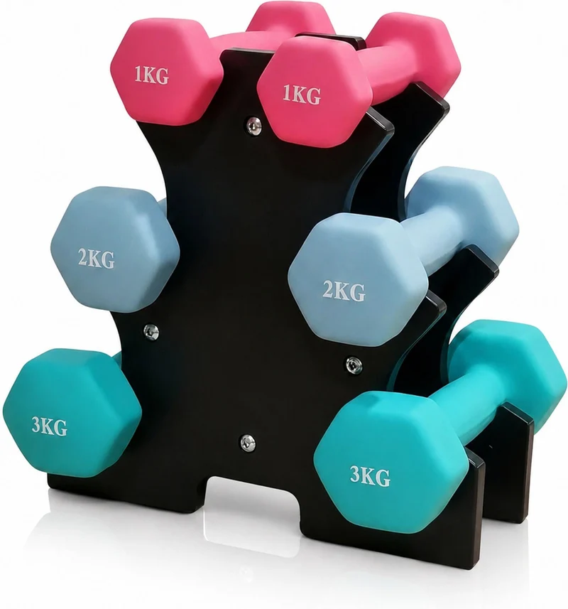 Lot de 3 haltères 1-3 kg avec support rangement pratique 30 x 32 x 20 cm en PVC bleu clair 13_0018977