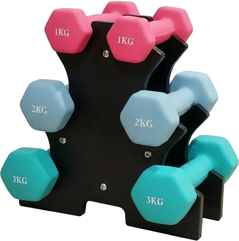 Lot de 3 haltères 1-3 kg avec support rangement pratique 30 x 32 x 20 cm en PVC bleu clair 13_0018977