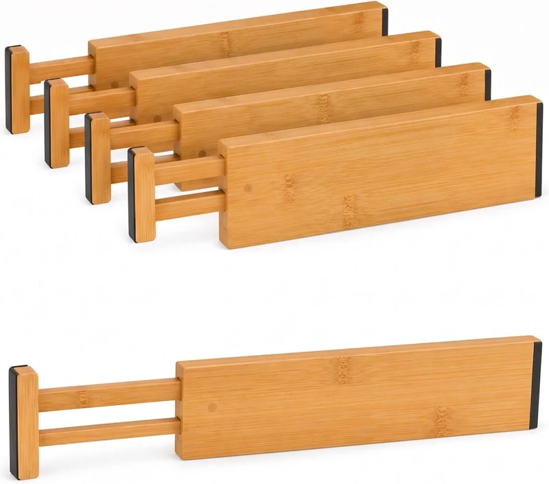 Lot de 4 séparateurs de tiroirs ajustables design naturel 6 x 43,5-56,5 x 1,5 cm en bambou brun clair 13_0018973