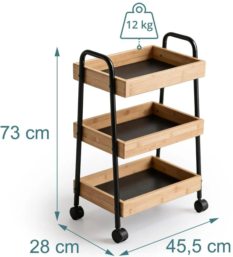Chariot de rangement étroit 73 x 45,5 x 28 cm 3 niveaux pratique cuisine salle de bains en bambou noir 13_0018972