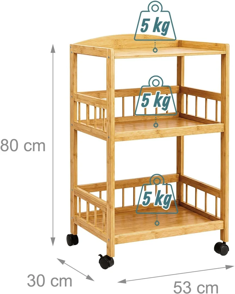 Chariot de cuisine à 3 étages pratique avec roulettes 80 x 53 x 30 cm en bambou naturel 13_0018965