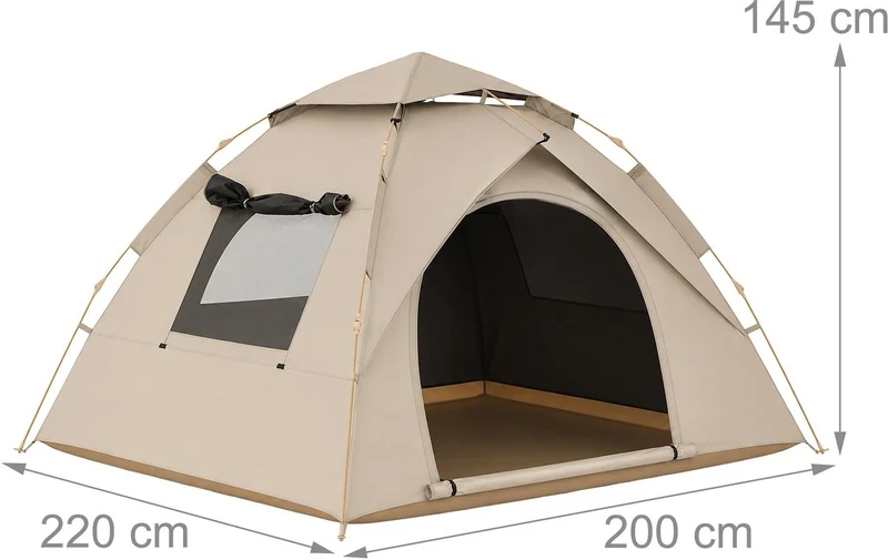 Tente de camping automatique légère 145 x 200 x 220 cm 2 entrées protection UV style moderne en polyester beige 13_0018991