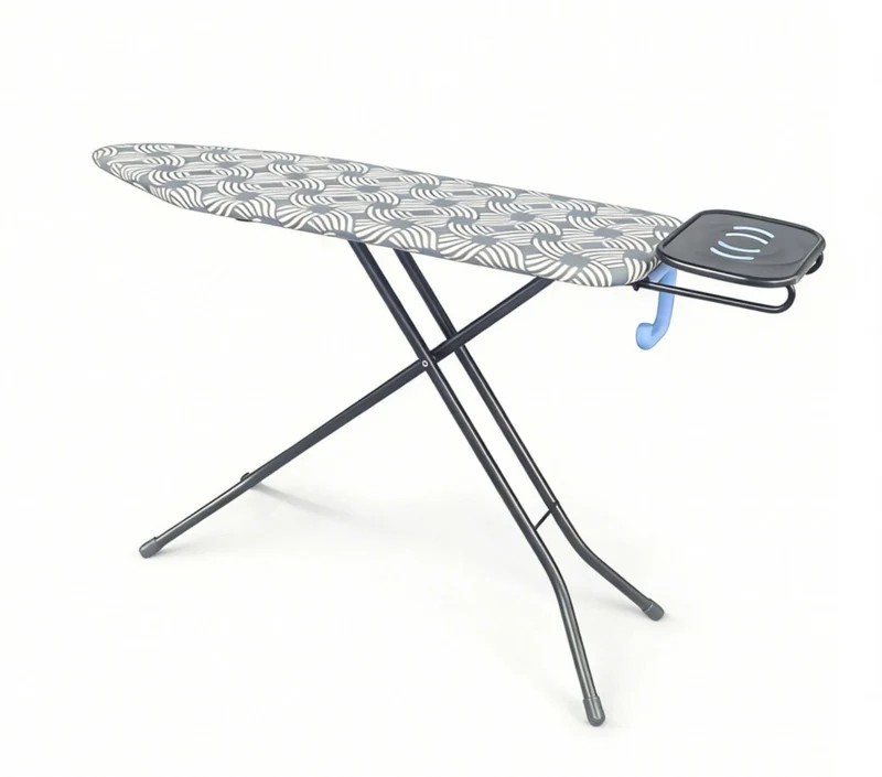 Table à repasser réglable hauteur 83–92 cm surface 122 x 38 cm avec repose-fer coulissant design moderne en métal blanc 13_0018989