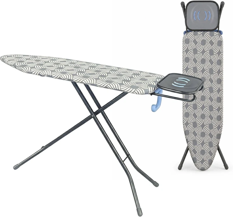 Table à repasser réglable hauteur 83–92 cm surface 122 x 38 cm avec repose-fer coulissant design moderne en métal blanc 13_0018989
