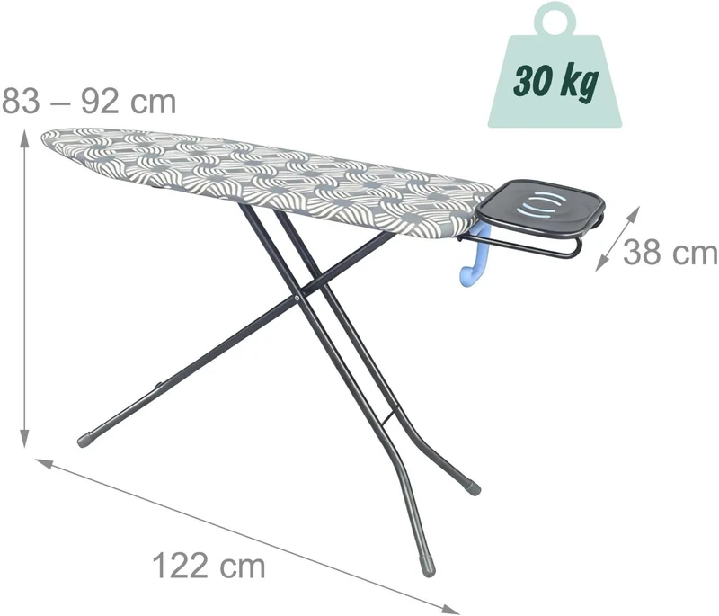 Table à repasser réglable hauteur 83–92 cm surface 122 x 38 cm avec repose-fer coulissant design moderne en métal blanc 13_0018989