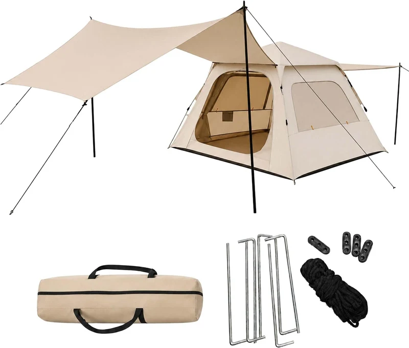 Tente familiale modulaire 3-4 pers. avec auvent amovible 155 x 240 x 240 cm ventilation croisée protection UV en tissu oxford 210D beige 13_0018988