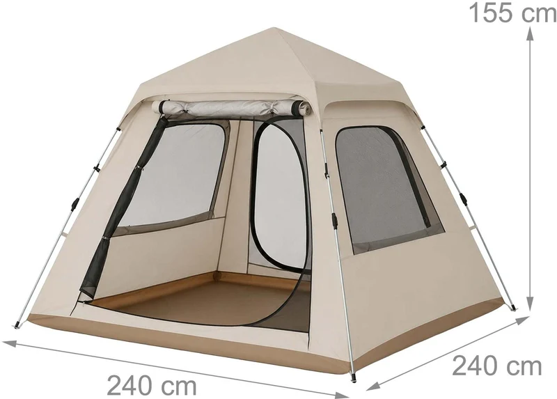 Tente familiale modulaire 3-4 pers. avec auvent amovible 155 x 240 x 240 cm ventilation croisée protection UV en tissu oxford 210D beige 13_0018988