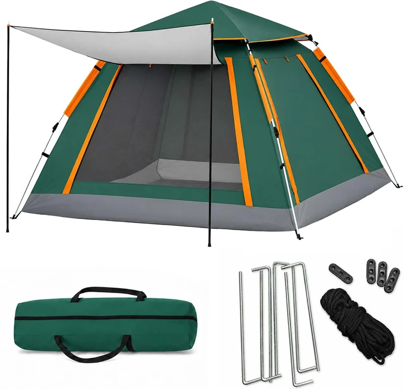Tente de camping 3-4 personnes facile à monter 155 x 240 x 240 cm avec protection UV ambiance estivale en tissu oxford vert foncé 13_0018987