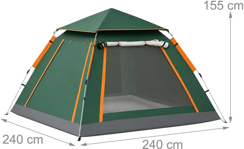 Tente de camping 3-4 personnes facile à monter 155 x 240 x 240 cm avec protection UV ambiance estivale en tissu oxford vert foncé 13_0018987