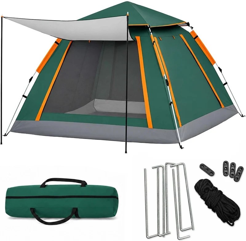 Tente de camping 3-4 personnes facile à monter 155 x 240 x 240 cm avec protection UV ambiance estivale en tissu oxford vert foncé 13_0018987