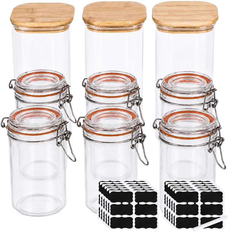 Lot de 9 bocaux hermétiques de cuisine 20,5 x 10 x 10 cm et 15 x 12 x 8 cm usage conservation et préparation repas en verre transparent 13_0018953