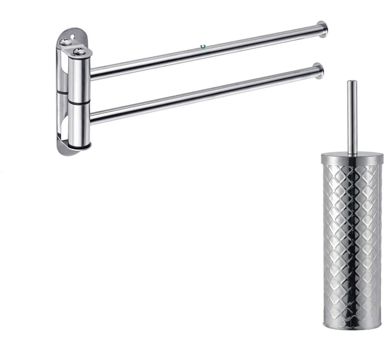 Ensemble de salle de bains porte-serviettes et brosse WC 14 x 32,5 x 3 cm avec barres pivotantes design moderne en inox argent 13_0018938