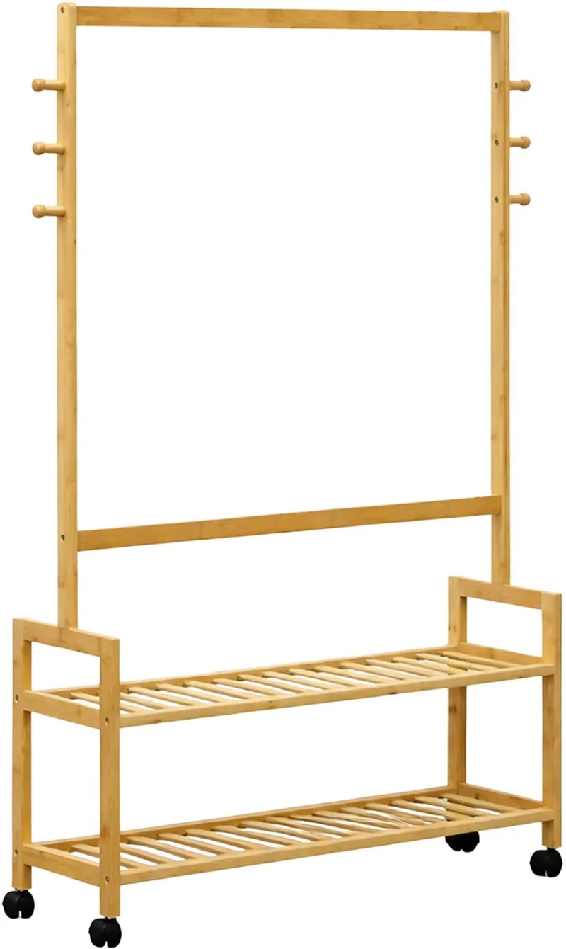 Porte-manteaux sur roulettes pratique rangement 135 x 90 x 25 cm en bambou naturel 13_0018930
