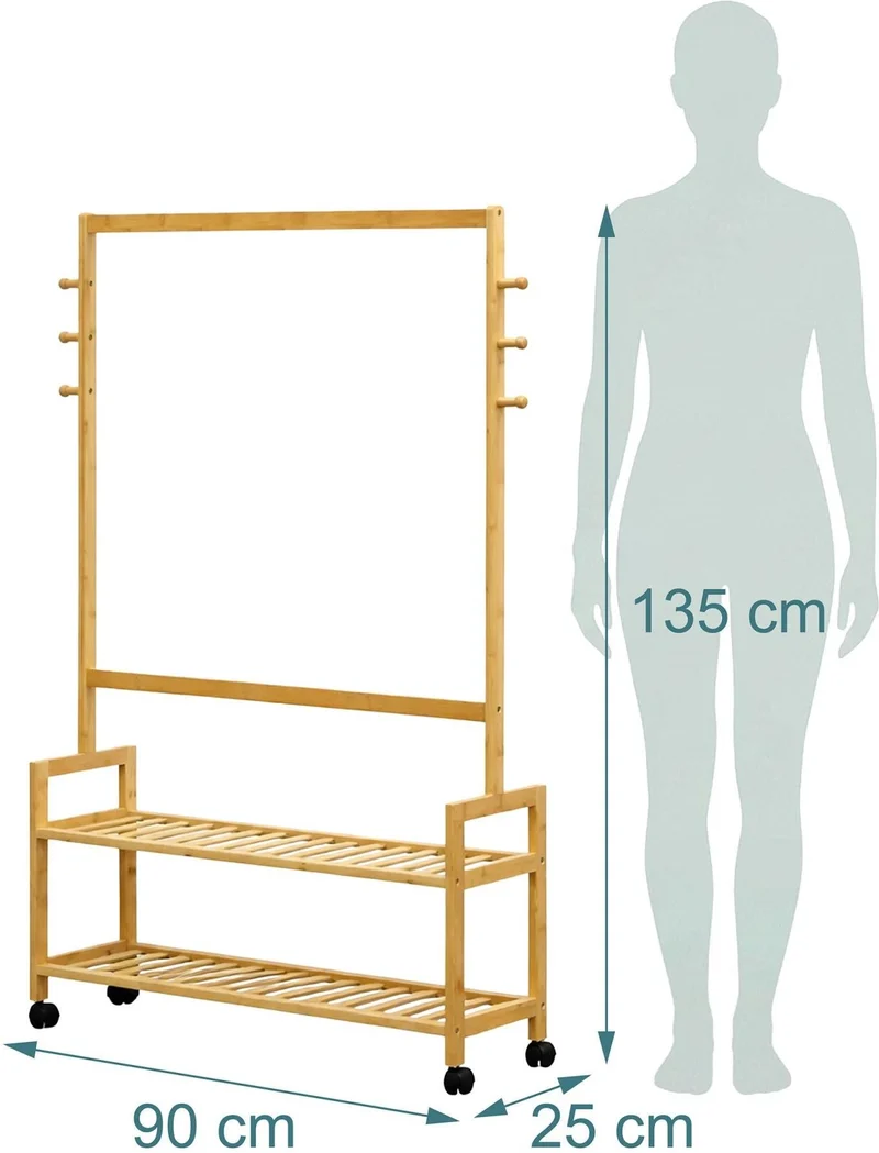 Porte-manteaux sur roulettes pratique rangement 135 x 90 x 25 cm en bambou naturel 13_0018930