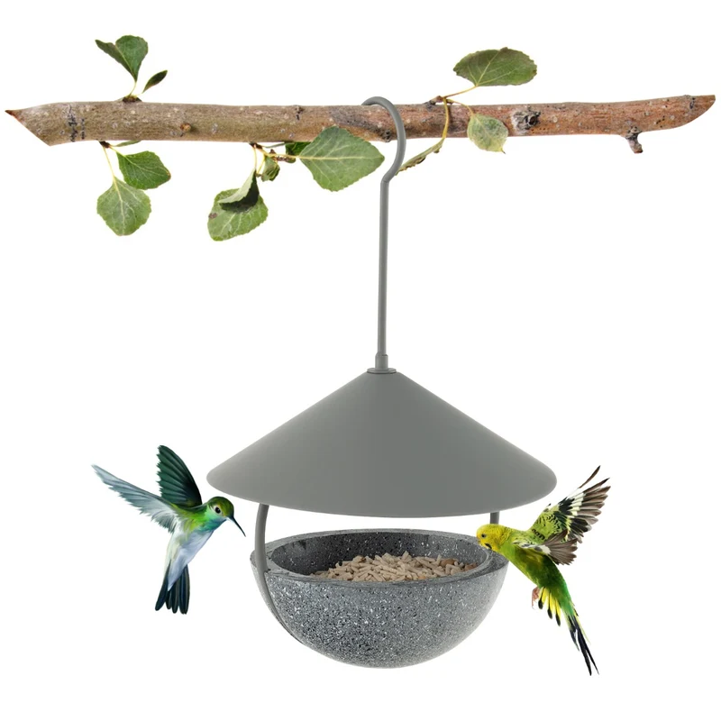 Mangeoire à oiseaux suspendue 20,5 x 20,5 x 35 cm avec dôme résistant aux intempéries ambiance cosy en métal gris 20_0020726