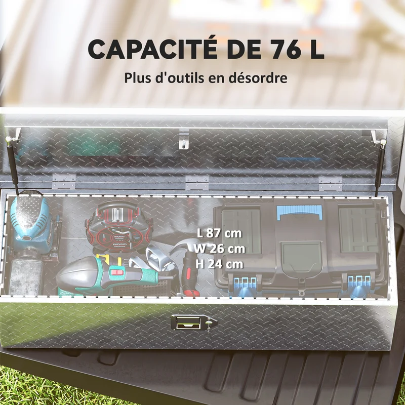 Boîte à outils pour remorque 99 x 33 x 25.5 cm verrouillable ouverture assistée industriel design en aluminium argent 21_0007165