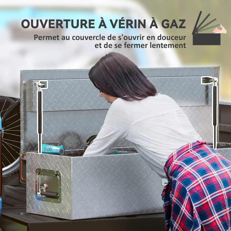 Boîte à outils pour remorque 99 x 33 x 25.5 cm verrouillable ouverture assistée industriel design en aluminium argent 21_0007165