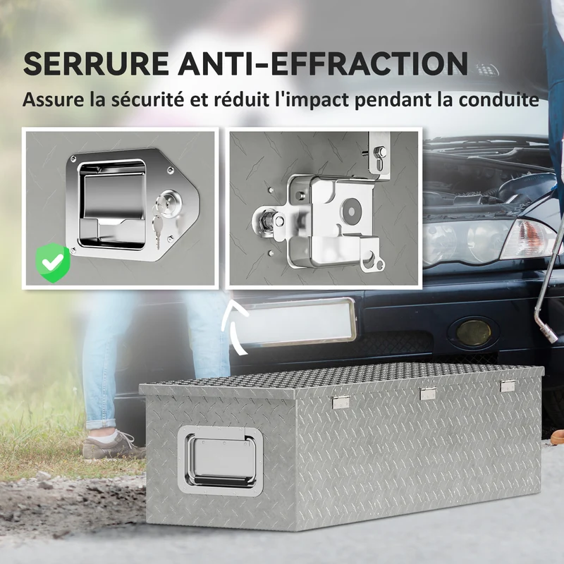 Boîte à outils pour remorque 99 x 33 x 25.5 cm verrouillable ouverture assistée industriel design en aluminium argent 21_0007165