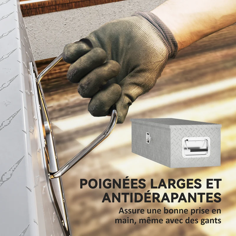 Boîte à outils pour remorque 99 x 33 x 25.5 cm verrouillable ouverture assistée industriel design en aluminium argent 21_0007165