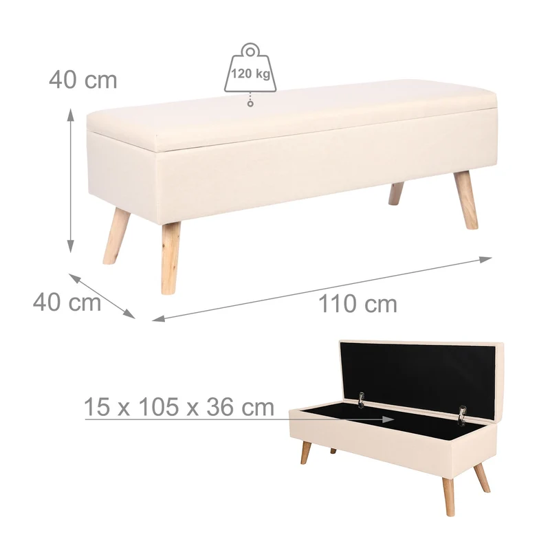 Banc coffre multifonctionnel avec rangement intégrée 40 x 110 x 40 cm en lin gris 13_0017661