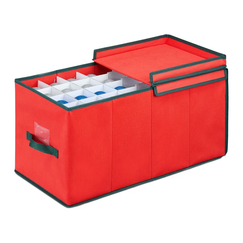Boîte de rangement spacieuse pour boules de Noël 30 x 30 x 60 cm avec séparateurs ajustables en tissu rouge 13_0016202