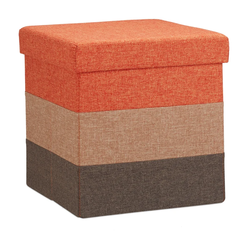 Tabouret pliable de rangement 38 x 38 x 38 cm assise confortable rayures modernes en imitation lin orange 13_0008616