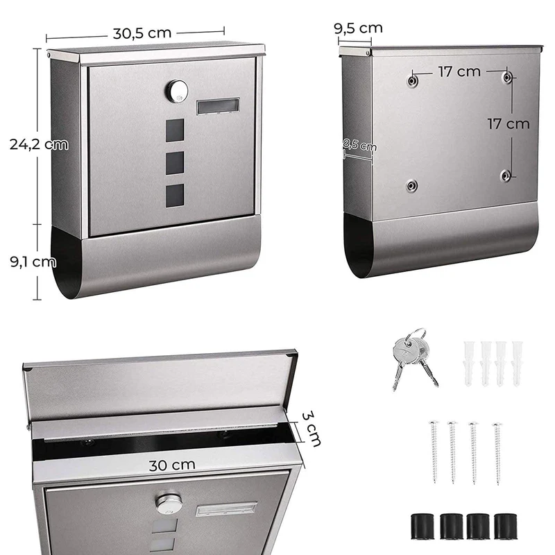 Boîte aux lettres murale avec serrure avec cache fenêtres de visualisation emplacement pour nom rouleau pour journaux facile à installer argenté 12_0001639