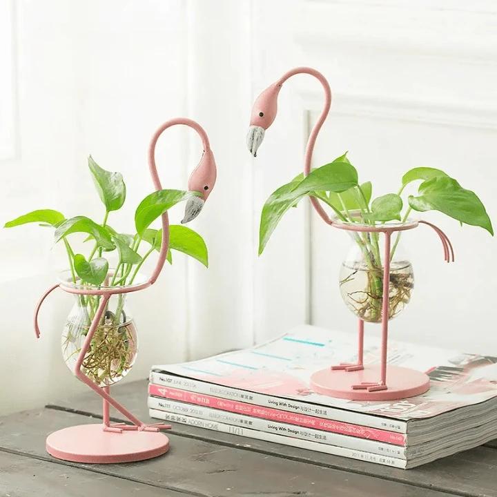 Vase Flamant Rose Hydroponique Scintillant