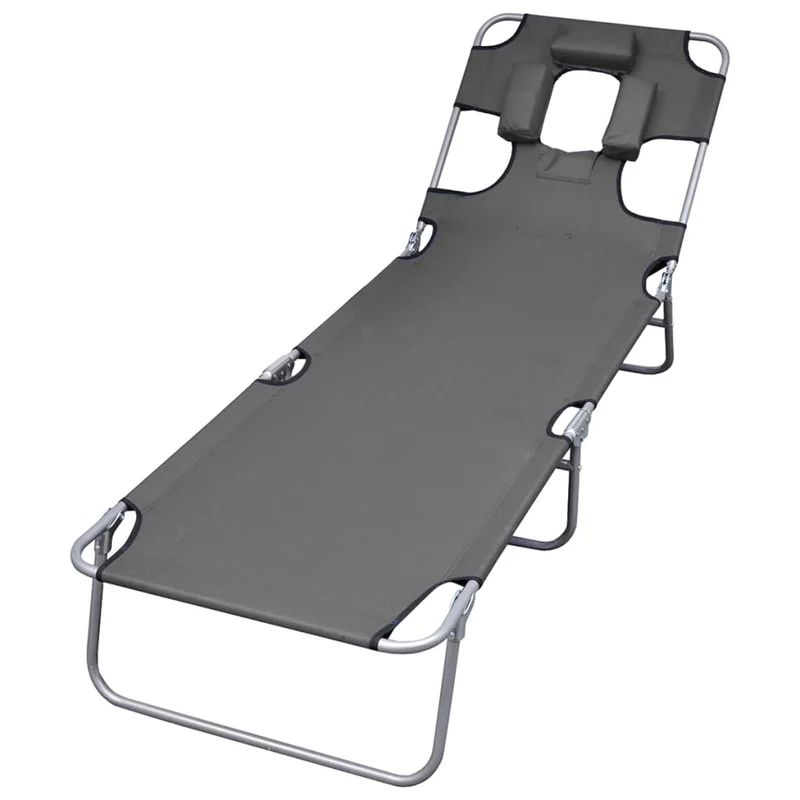 Transat chaise longue bain de soleil lit de jardin terrasse meuble d'extérieur pliable et coussin de tête dossier réglable gris 02_0012870
