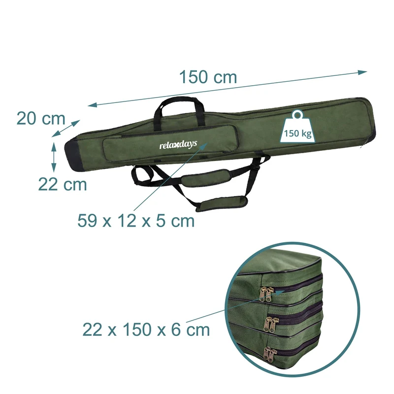 Sac de transport pour cannes à pêche 22 x 150 x 20 cm 3 compartiments rembourré durable en polyester vert foncé 13_0020614