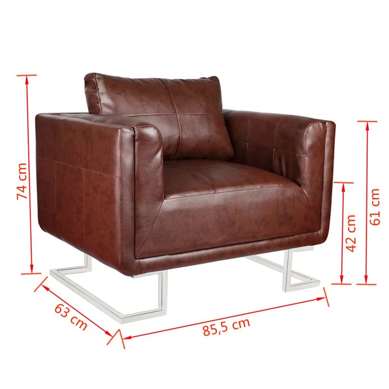 Fauteuil chaise siège lounge design club sofa salon cube avec pieds chromés cuir synthétique marron 1102041/3